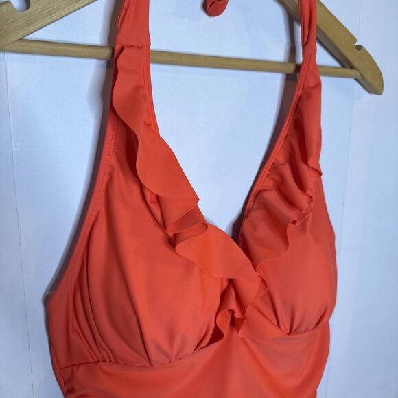 Ellen Tracy One Piece Swimsuit Coral Orange Ruffle Ruched Waist Womens 10 Beach - Picture 4 of 7